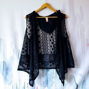 Sheer Black Sleeveless Open front Top w/ hood Size XL